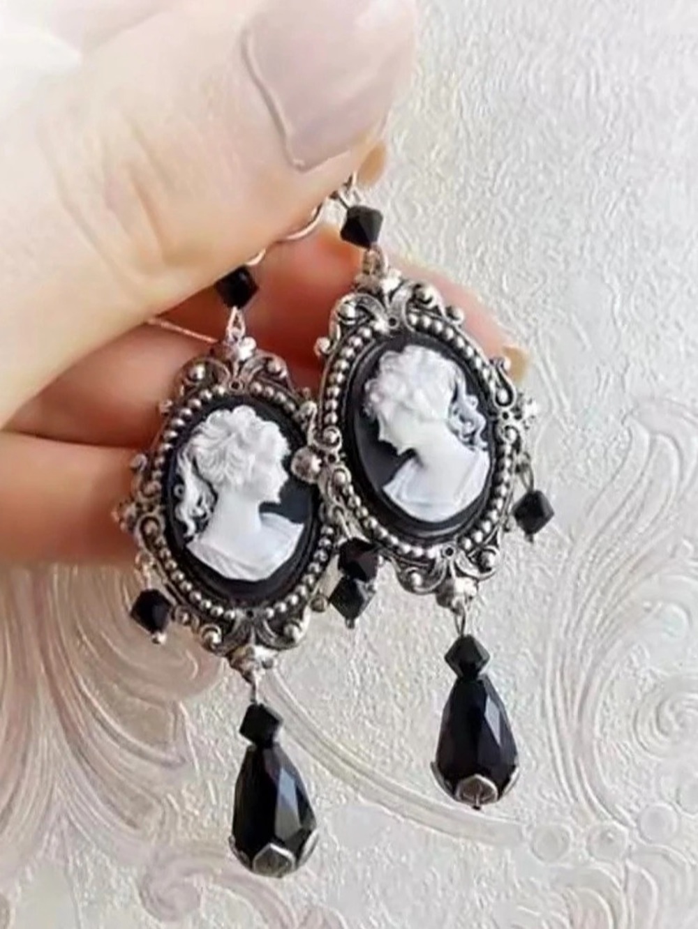 Black & Silver Cameo Drop Earrings